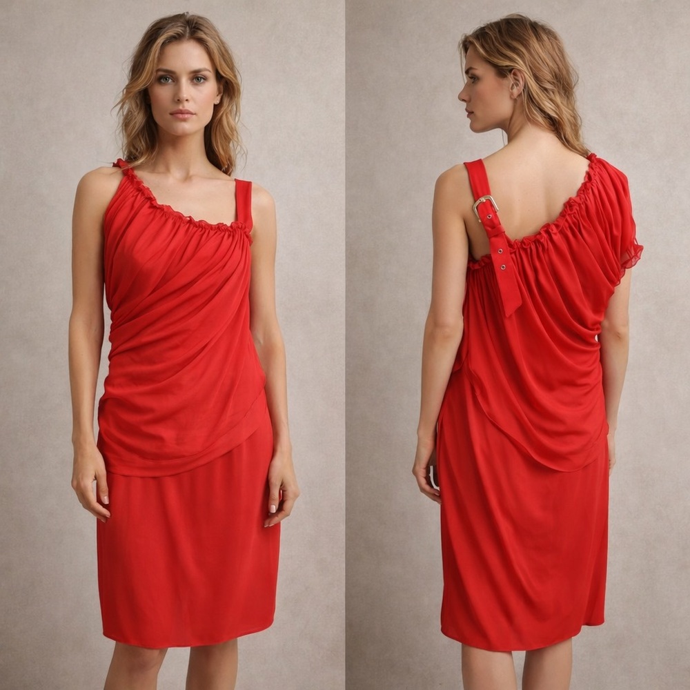 Alberta Ferretti Red One Shoulder Cocktail Dress